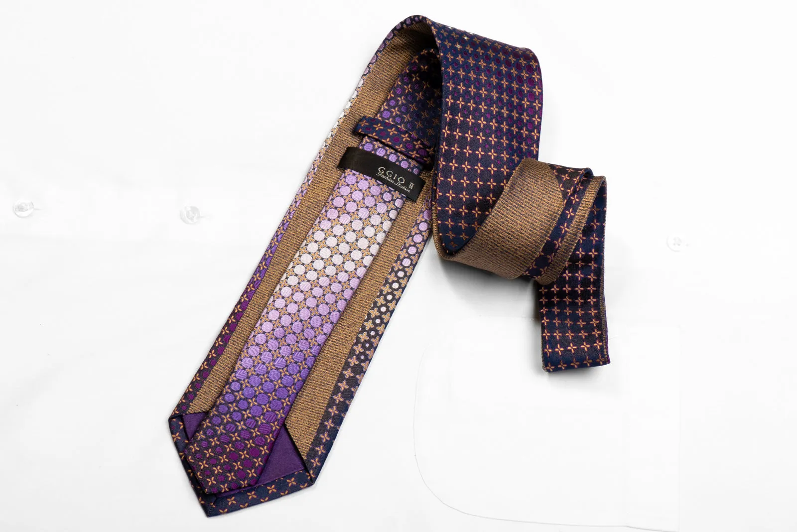 GGio Rhinestone Silk Necktie Purple Yellow Geometric On Navy