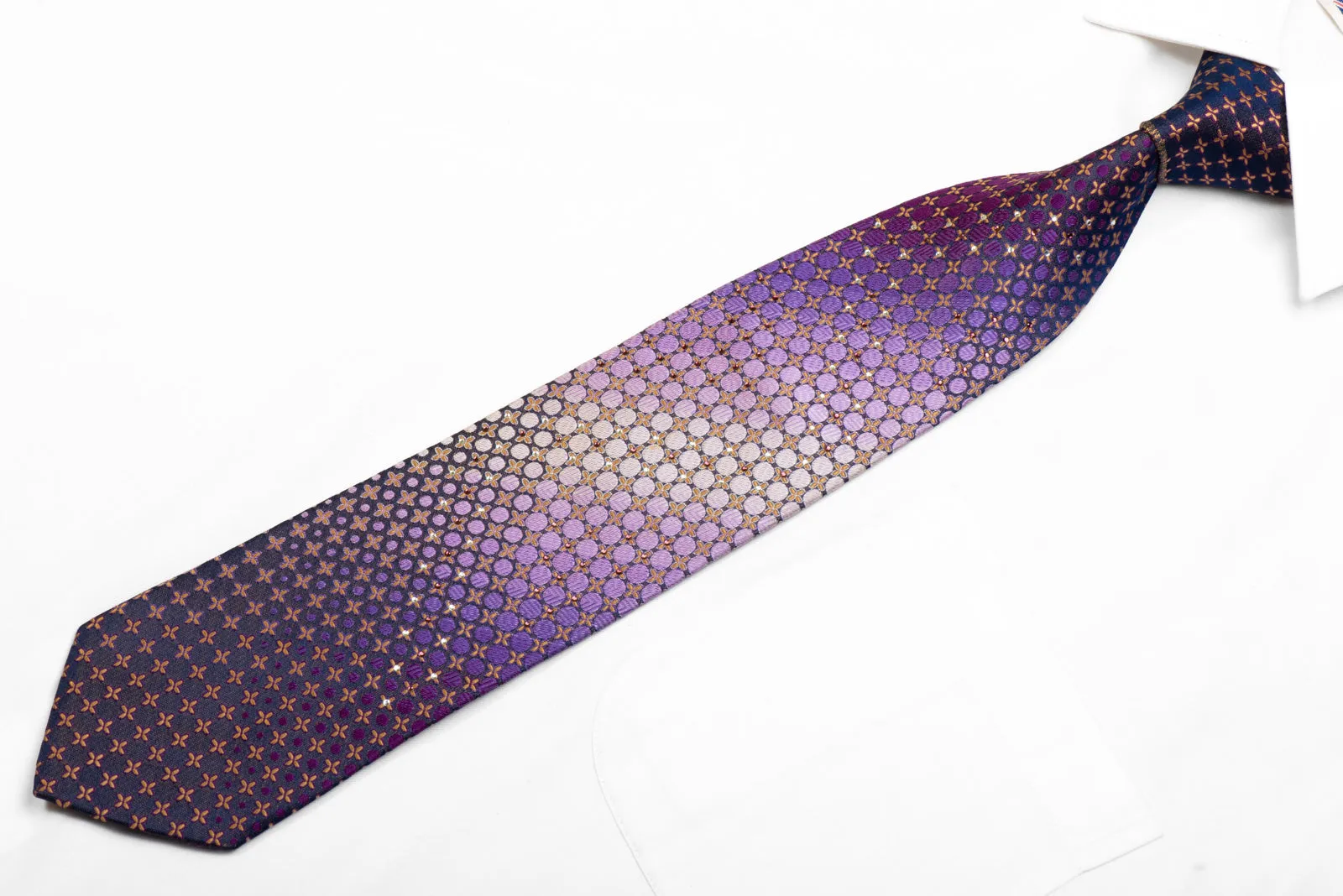 GGio Rhinestone Silk Necktie Purple Yellow Geometric On Navy