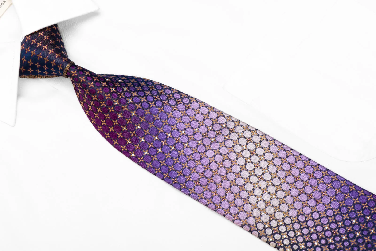 GGio Rhinestone Silk Necktie Purple Yellow Geometric On Navy