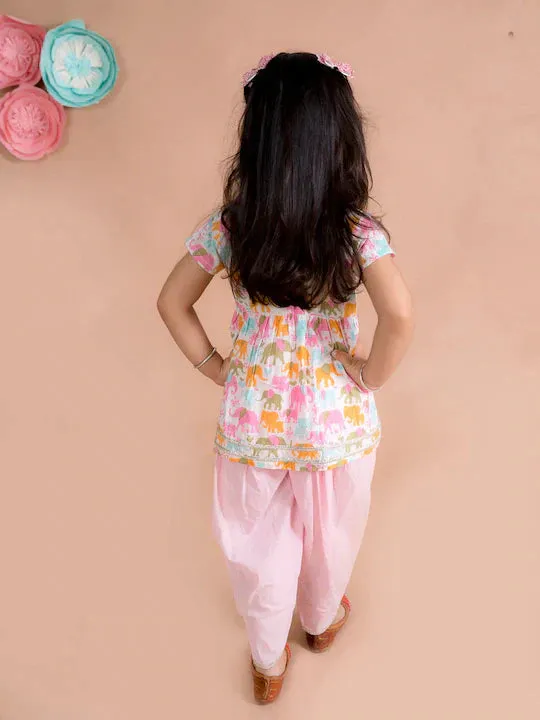 Girls White Ethnic Motifs Printed Pleated Gotta Patti Pure Cotton Kurti With Dhoti Pants - Ps Peaches