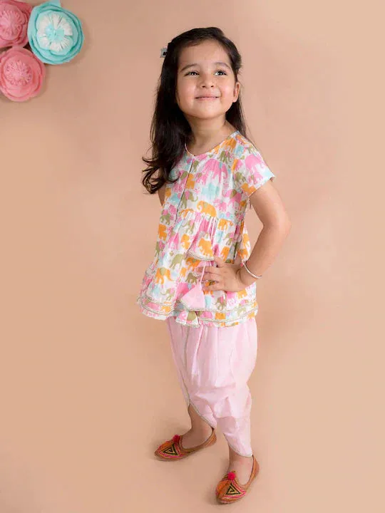 Girls White Ethnic Motifs Printed Pleated Gotta Patti Pure Cotton Kurti With Dhoti Pants - Ps Peaches