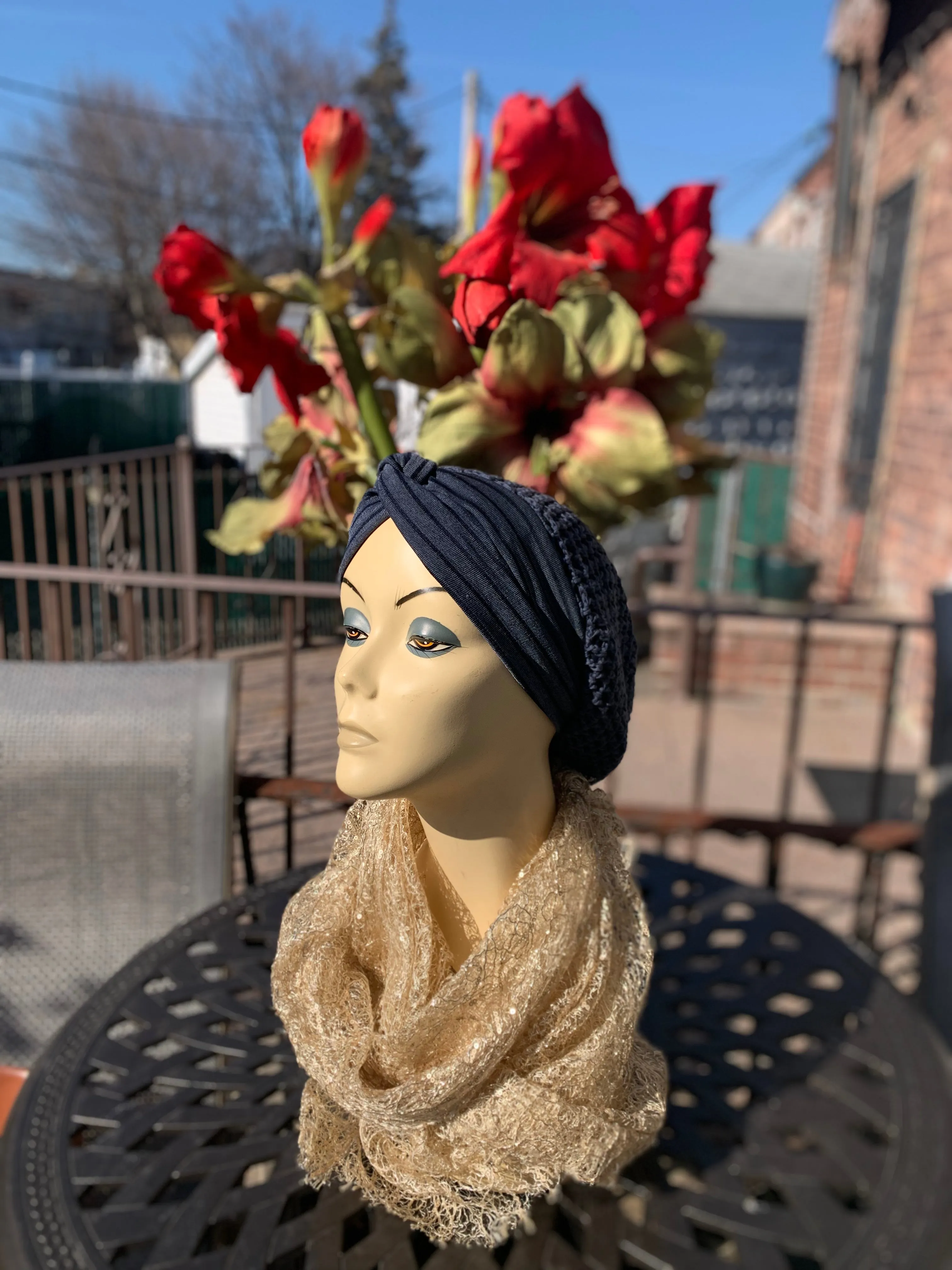 Hand Crocheted Head Covering For Women | Crocheted Snoods With Top Knot Band Attached | Made in USA by Uptown Girl Headwear