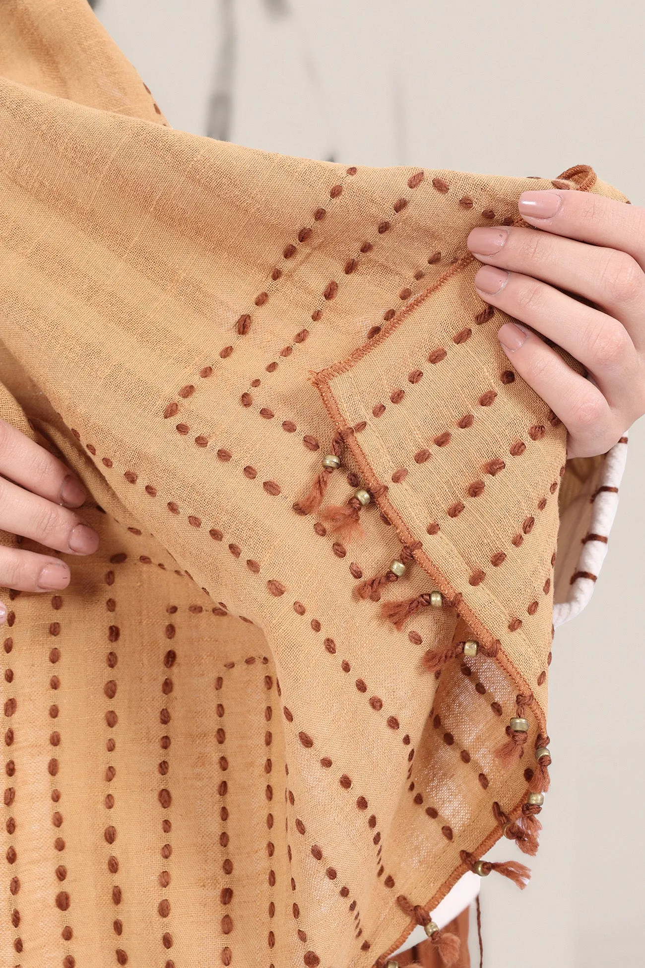 Hand embroidered striped linen-cotton scarf