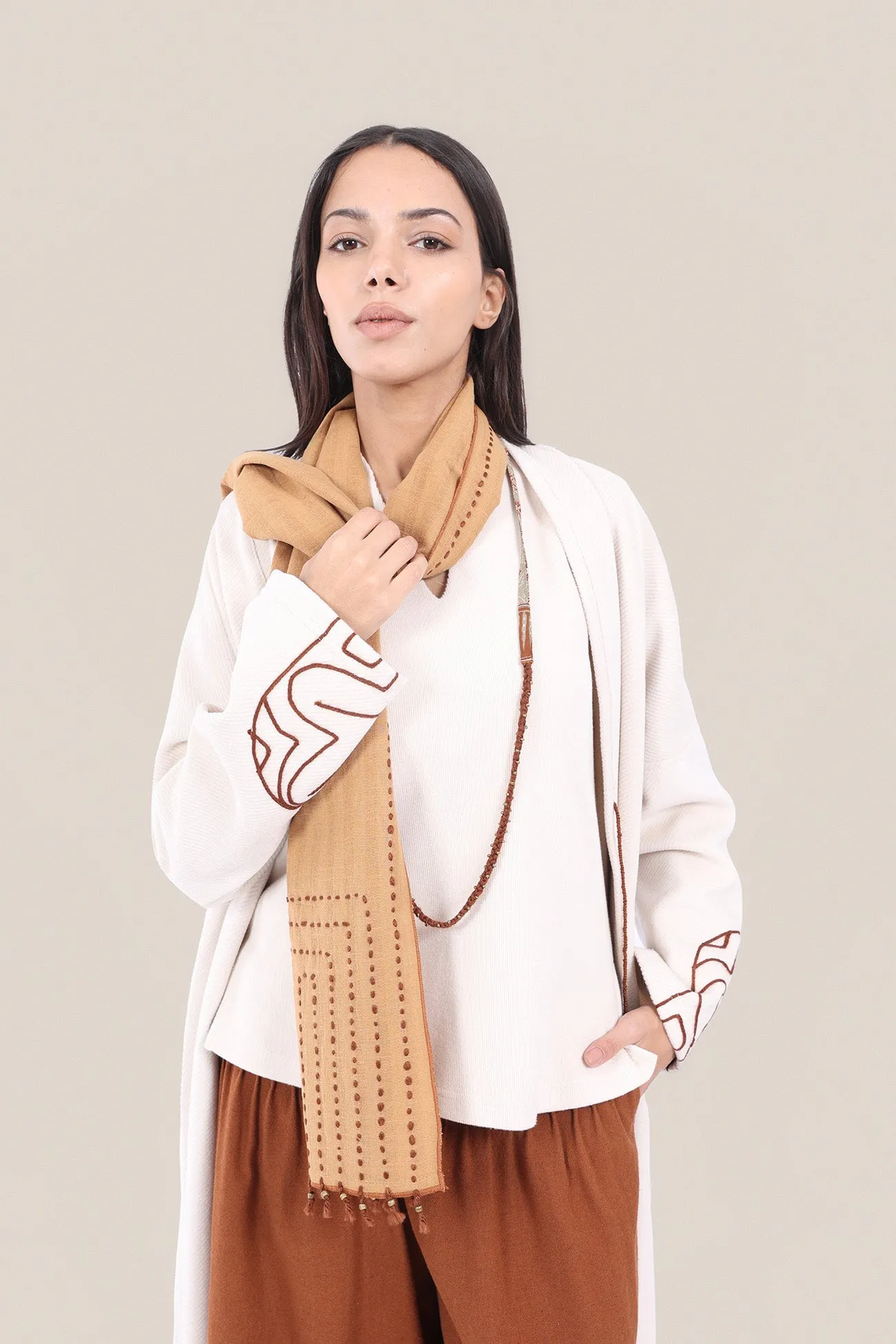 Hand embroidered striped linen-cotton scarf
