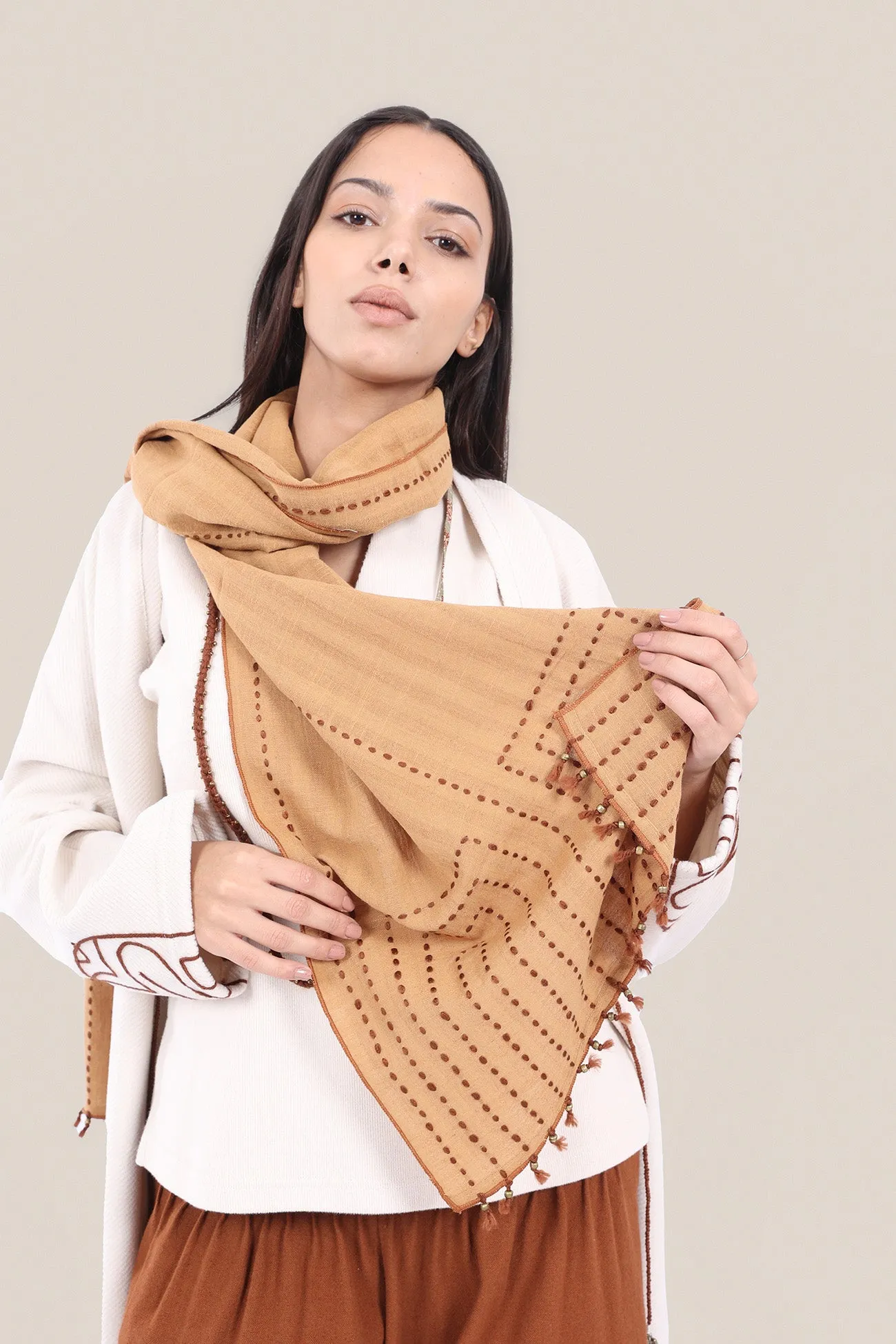 Hand embroidered striped linen-cotton scarf