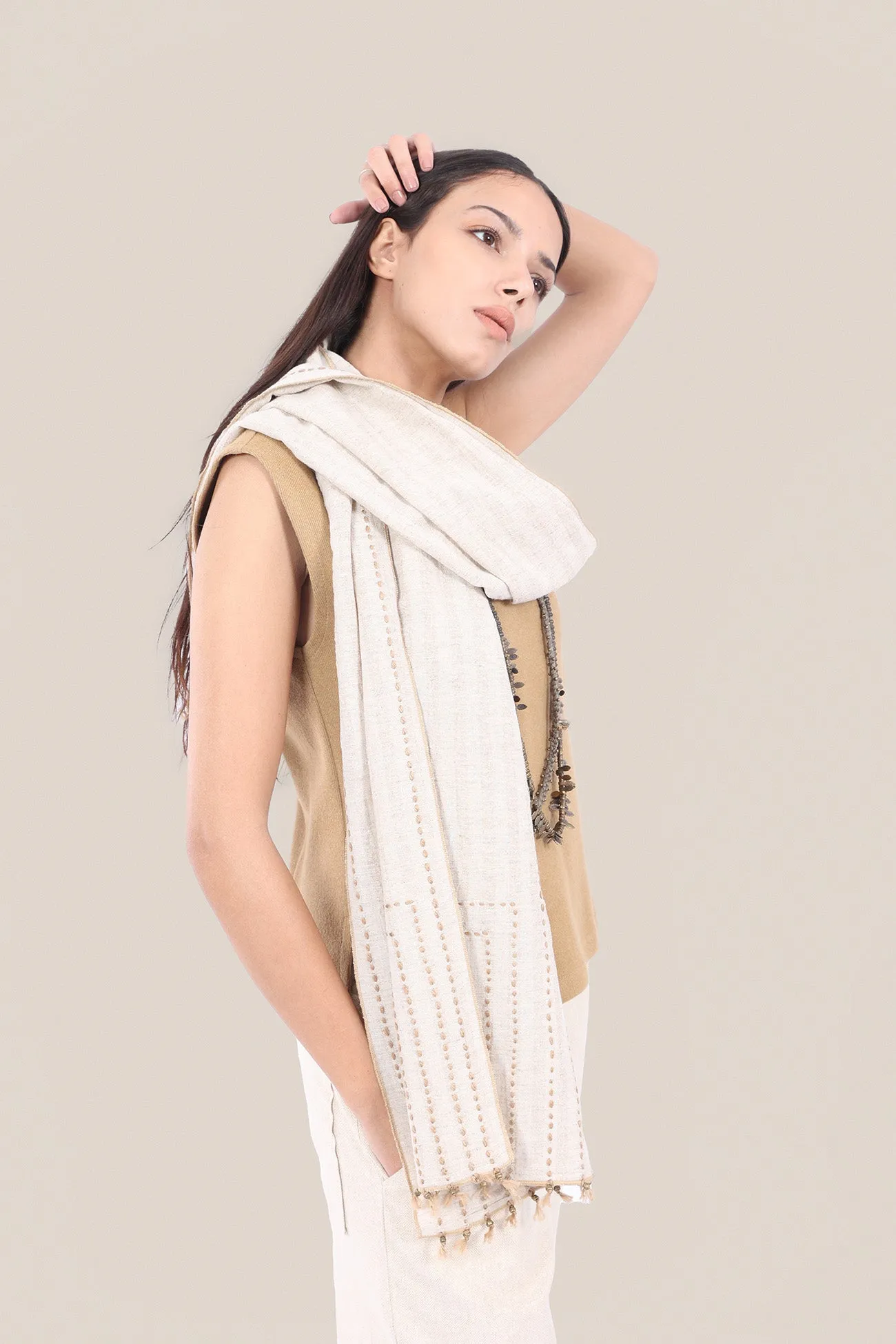 Hand embroidered striped linen-cotton scarf