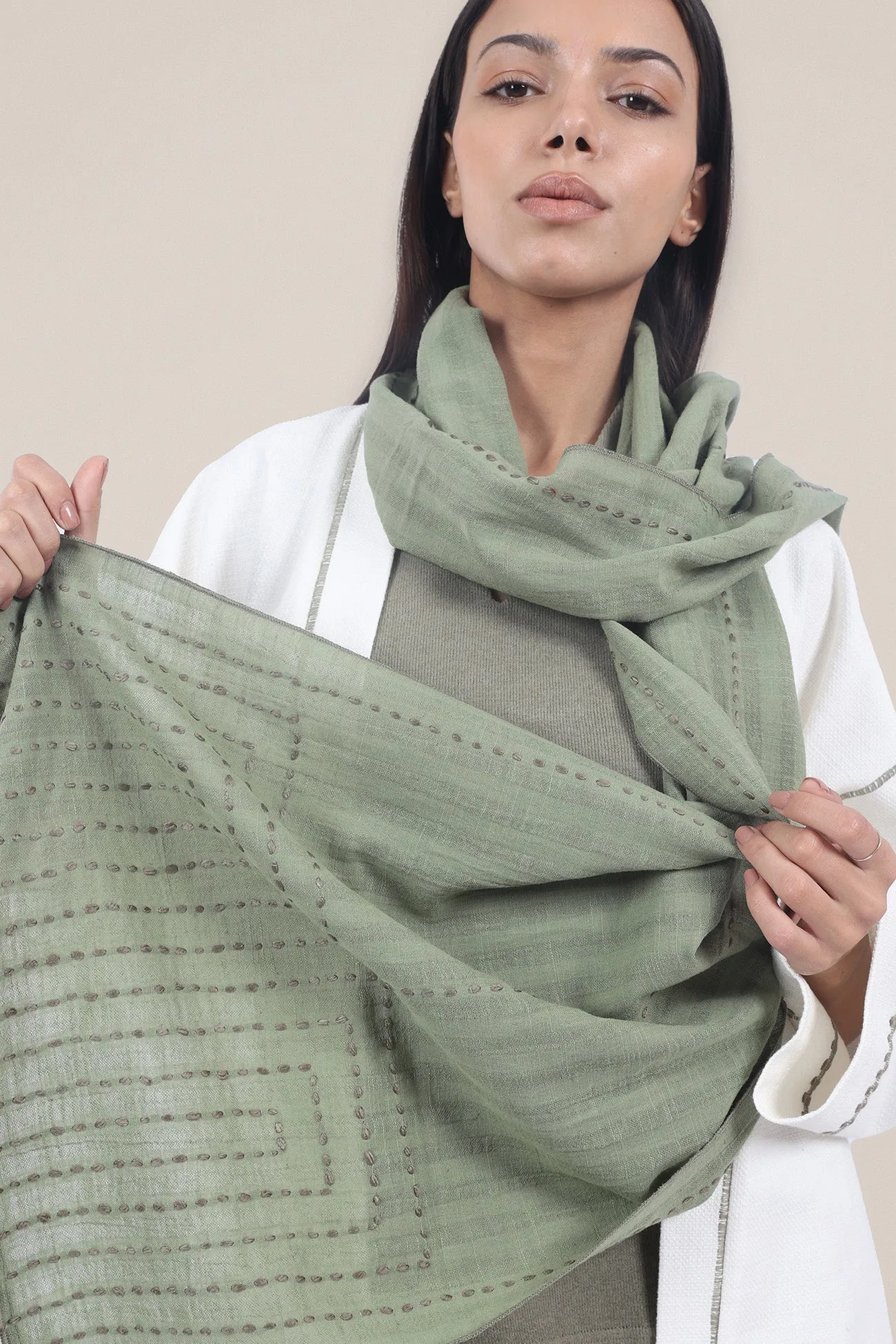 Hand embroidered striped linen-cotton scarf