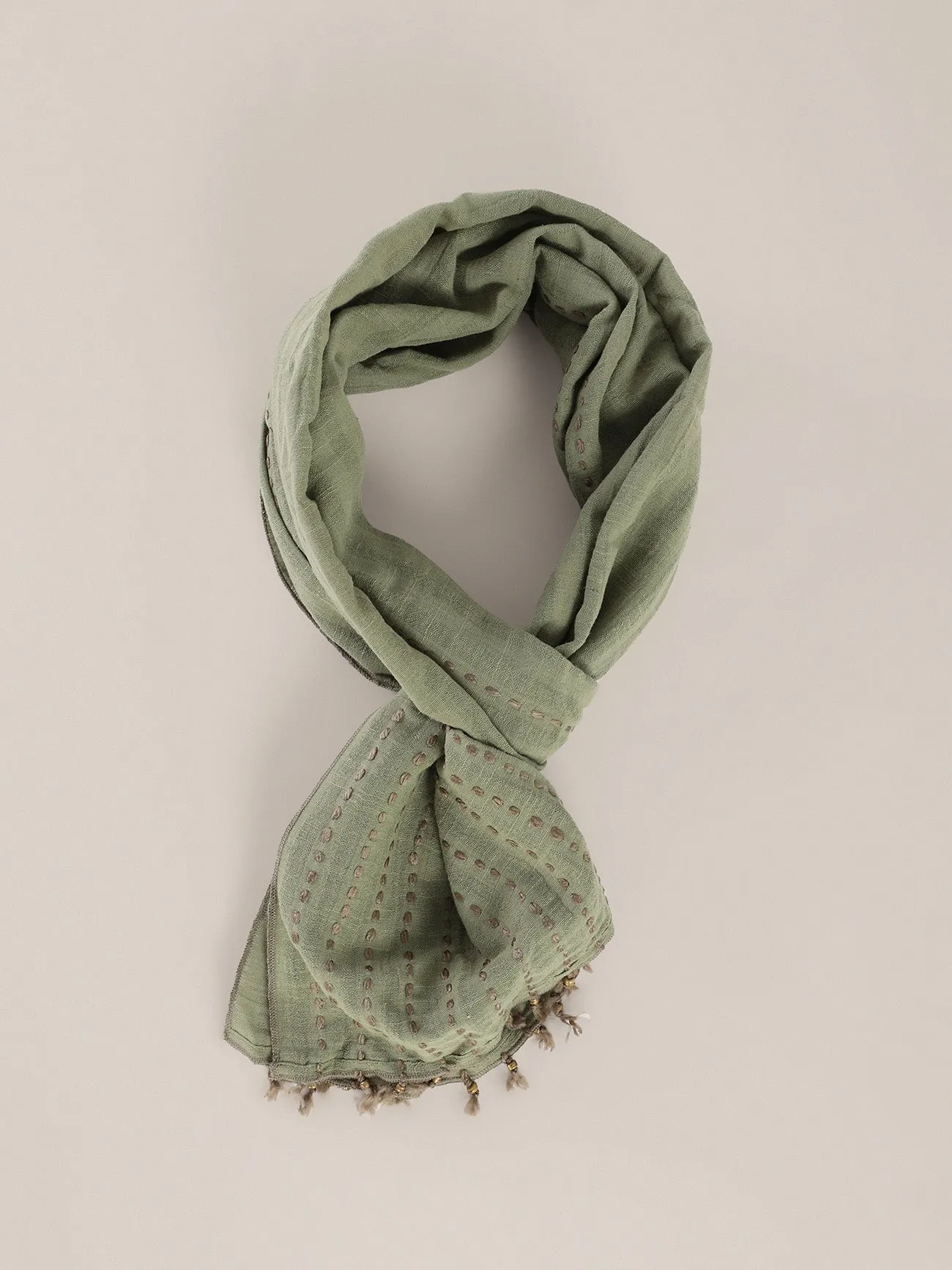 Hand embroidered striped linen-cotton scarf