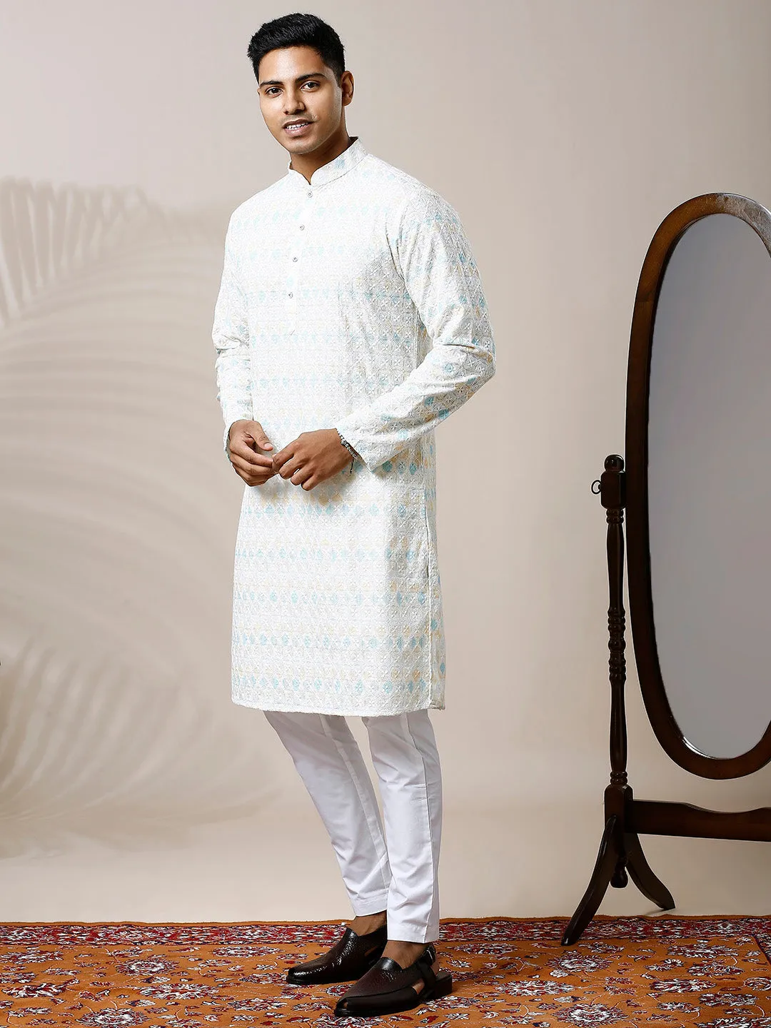 HINT OF BLUE PRINTED KURTA SET WITH INTRICATE EMBROIDERY