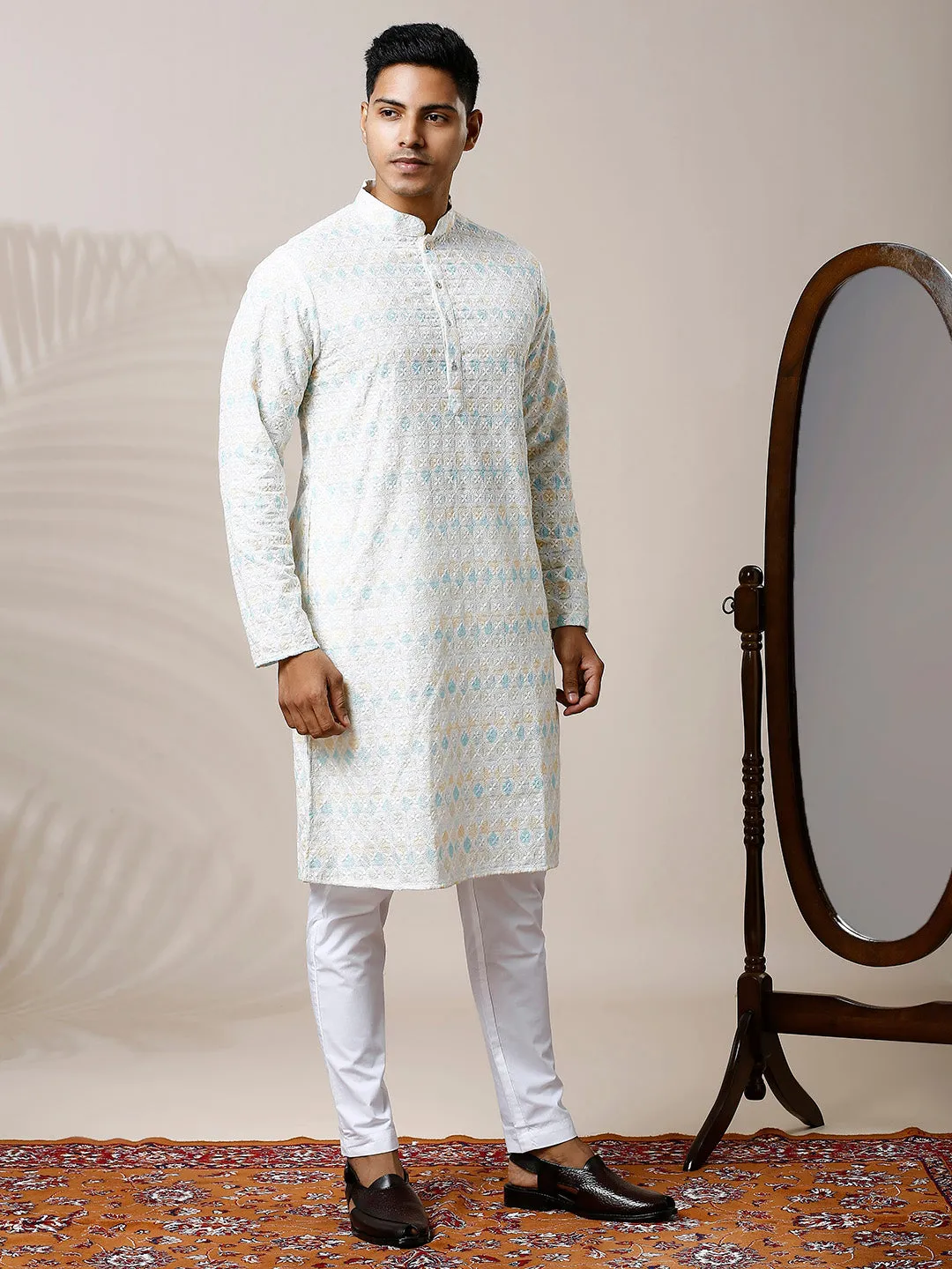 HINT OF BLUE PRINTED KURTA SET WITH INTRICATE EMBROIDERY