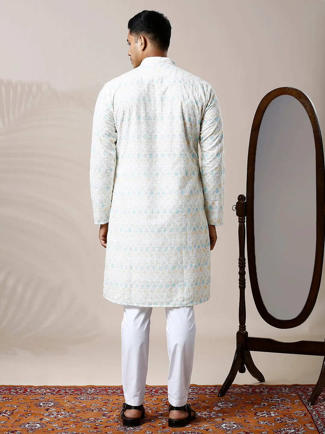 HINT OF BLUE PRINTED KURTA SET WITH INTRICATE EMBROIDERY