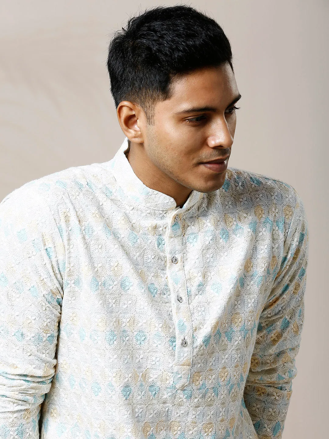 HINT OF BLUE PRINTED KURTA SET WITH INTRICATE EMBROIDERY