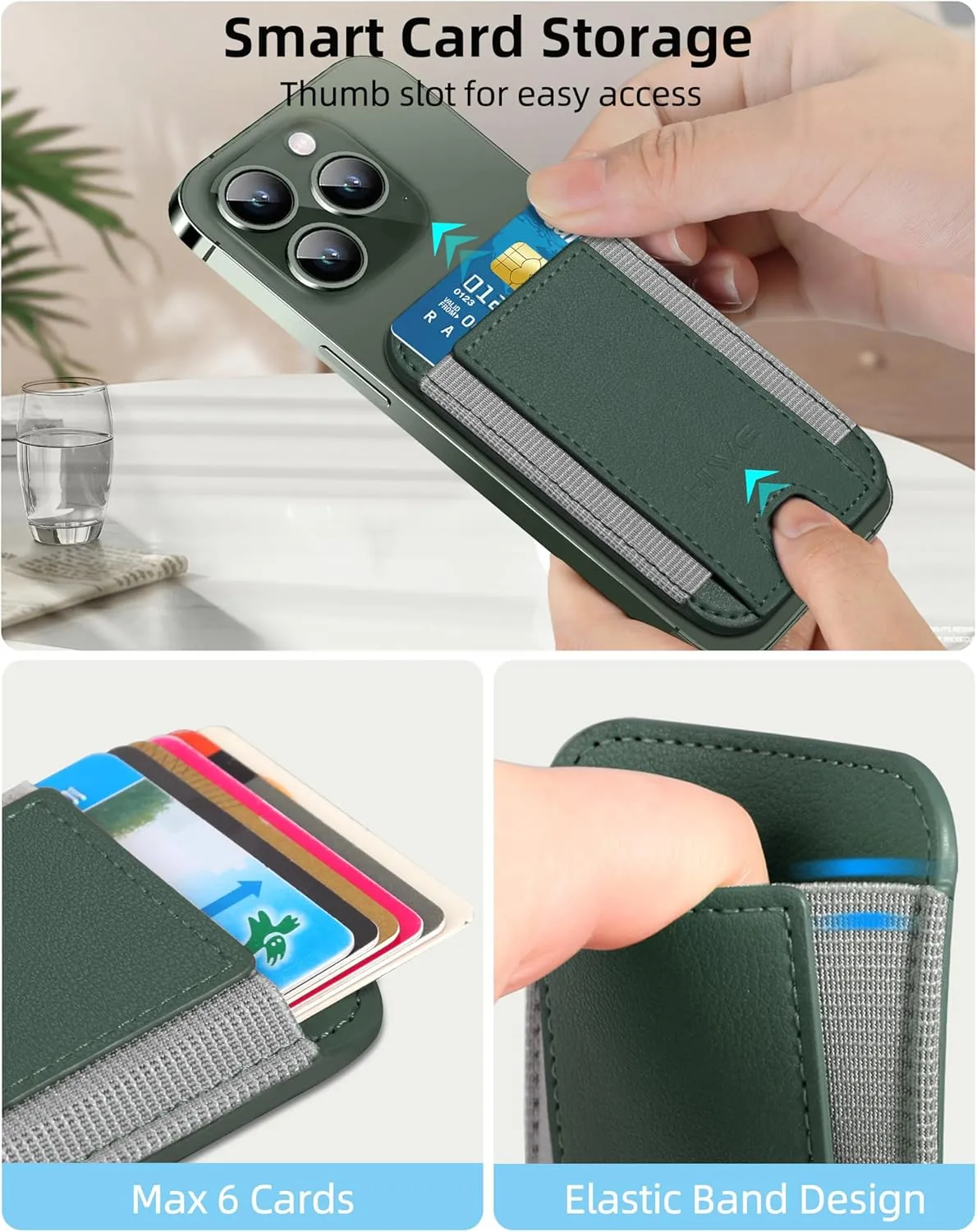 HiWe MagSafe Wallet, Strongest Magnetic Wallet for iPhone 12-16 Series, 7 Cards Holder, Leather Minimalist Slim RFID Wallet, Green