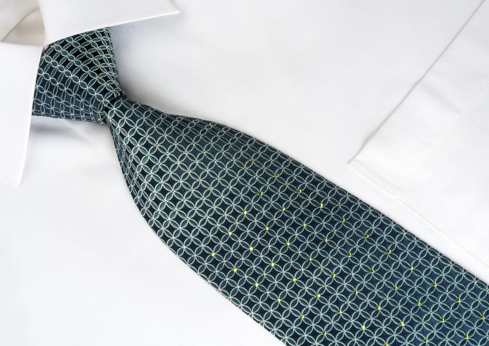 Indian Homme Silk Tie Interlocking Circles On Blue With Green Rhinestones & Sparkles