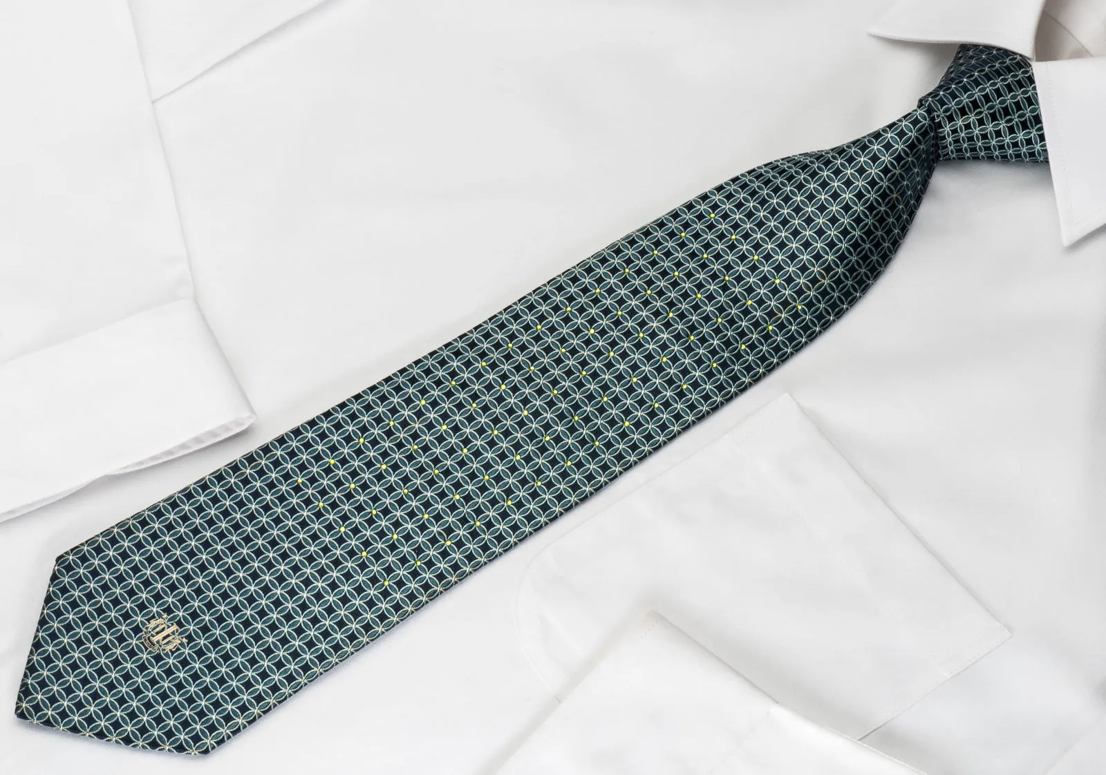 Indian Homme Silk Tie Interlocking Circles On Blue With Green Rhinestones & Sparkles