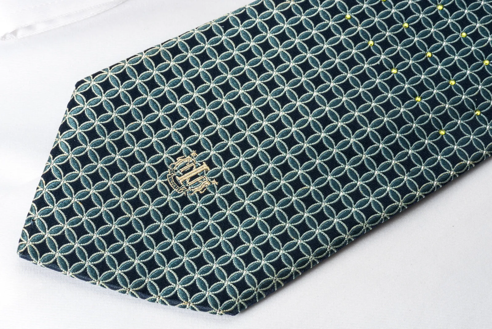Indian Homme Silk Tie Interlocking Circles On Blue With Green Rhinestones & Sparkles