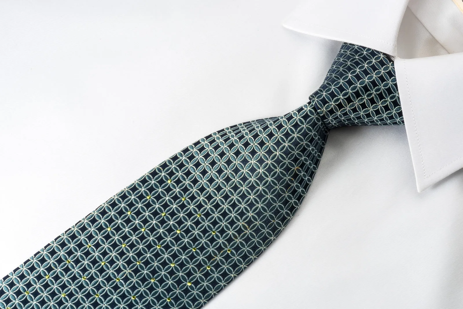 Indian Homme Silk Tie Interlocking Circles On Blue With Green Rhinestones & Sparkles