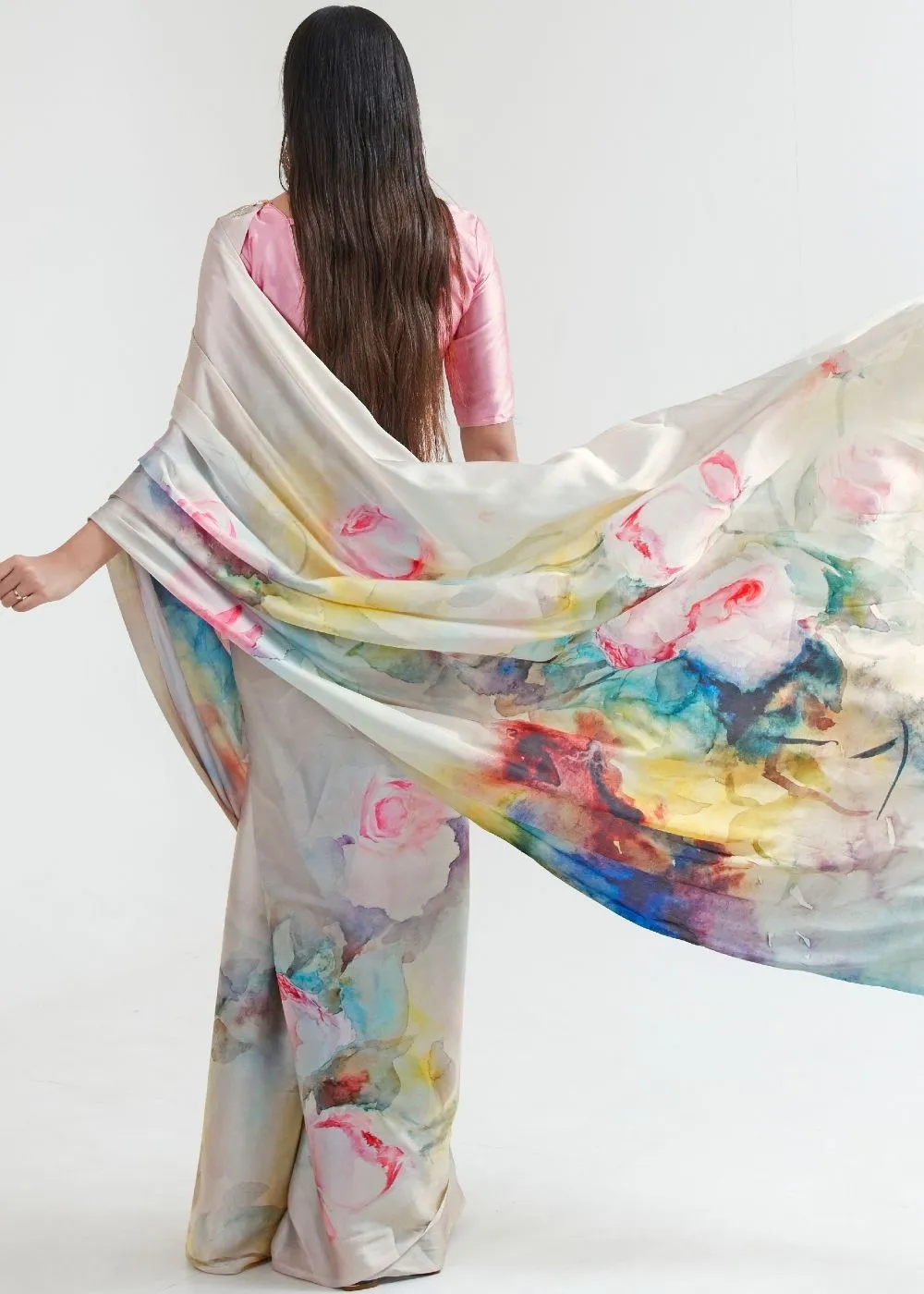 Ivory White Satin Silk Digital Printed Saree