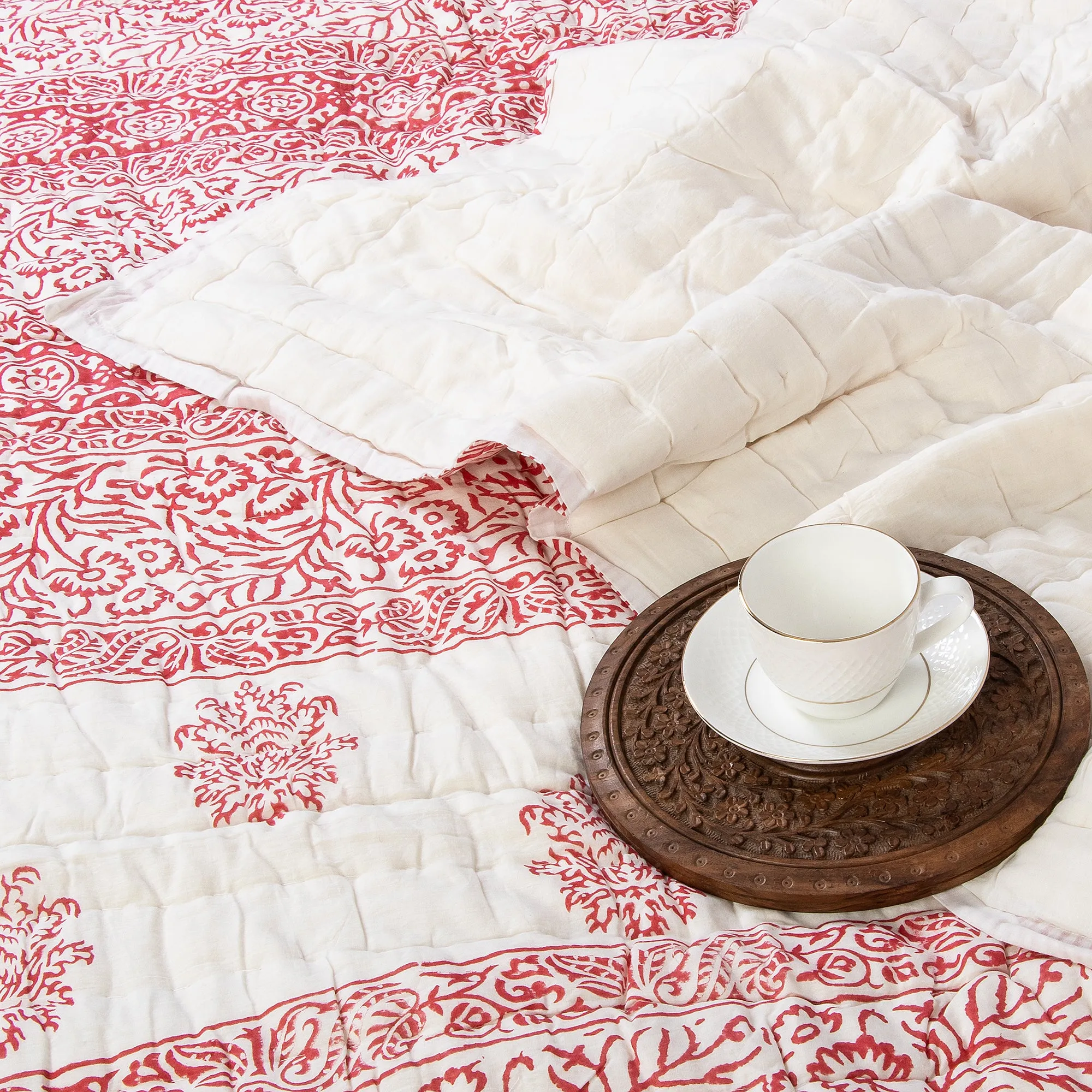 Jaipuri Red Floral Printed Cotton Traditional Double Bed Razai