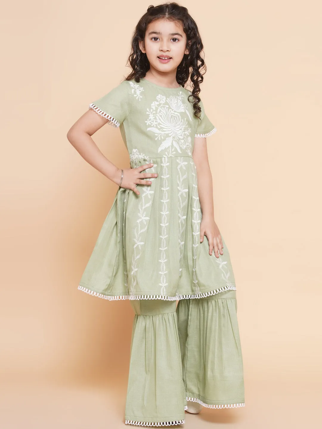 Jashvi Girls Light Green Floral Embroidered Kurta With Sharara