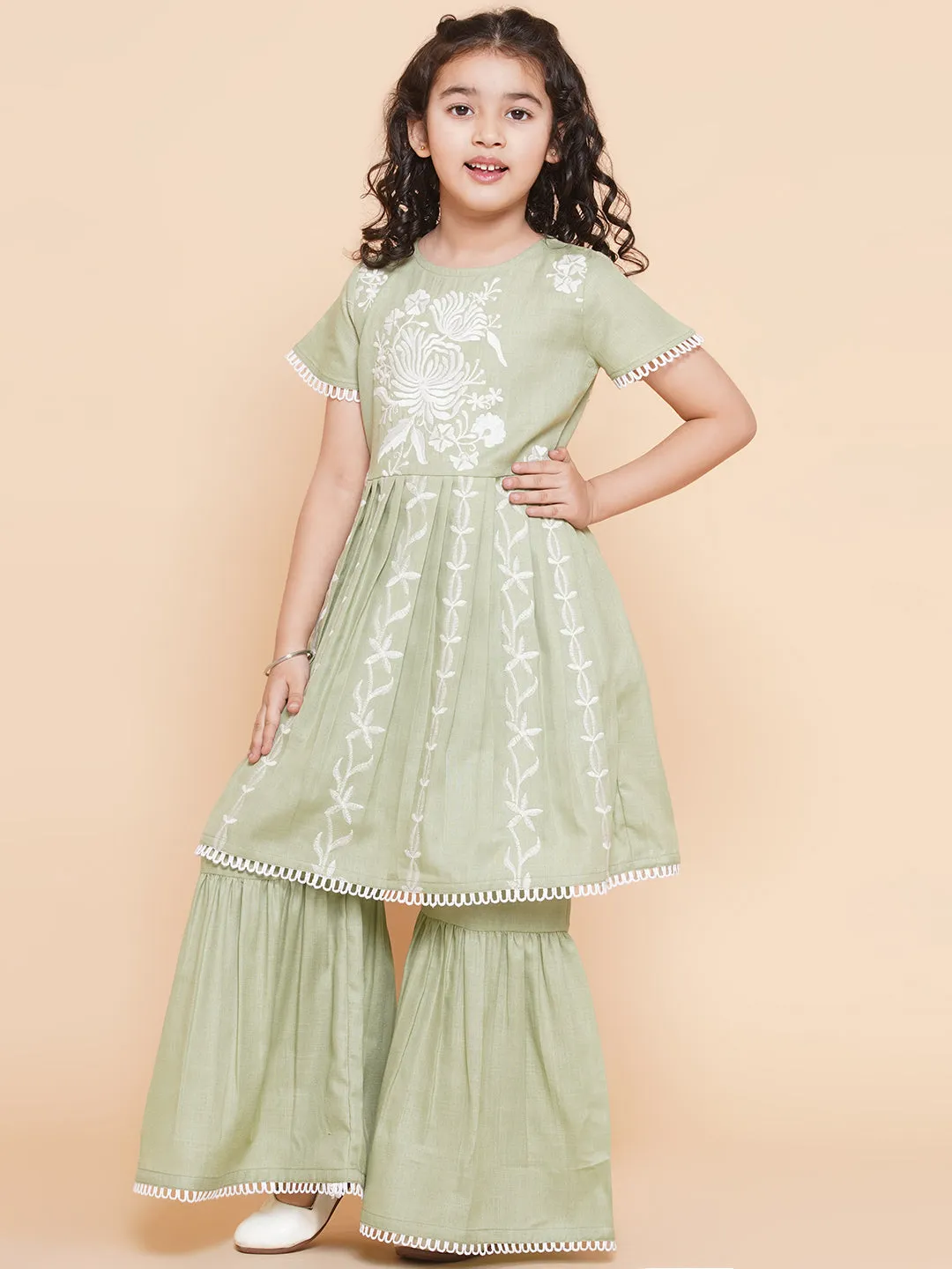Jashvi Girls Light Green Floral Embroidered Kurta With Sharara