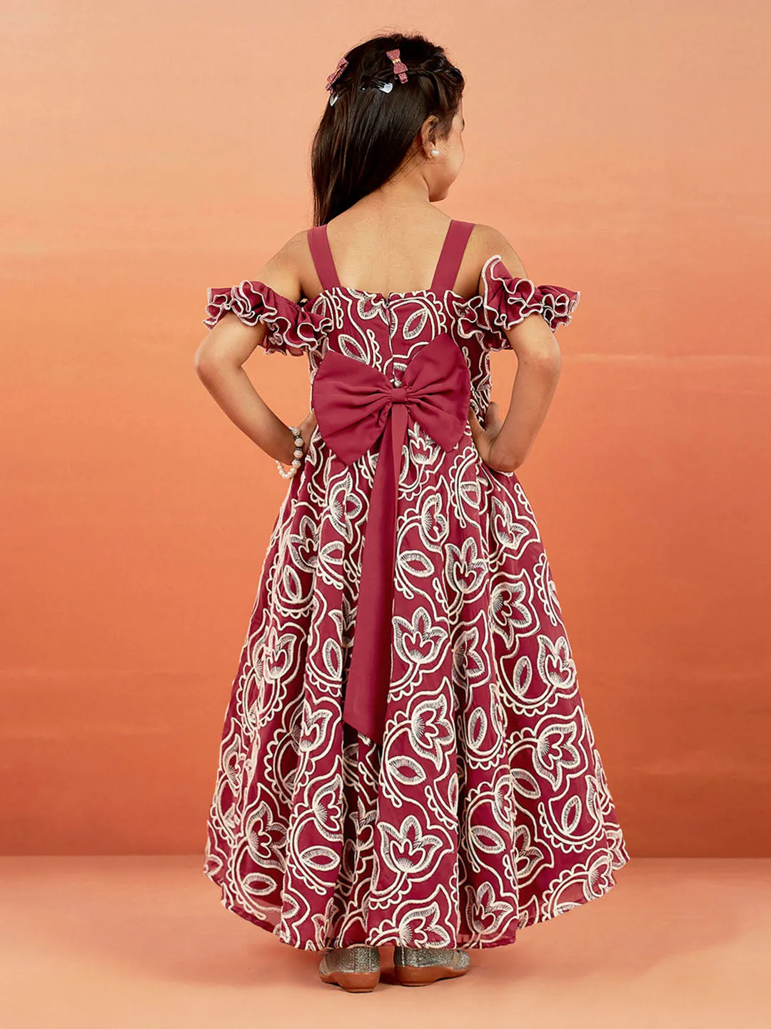 Jashvi Girls' Maroon Georgette Floral Embroidered Gown For Girls.