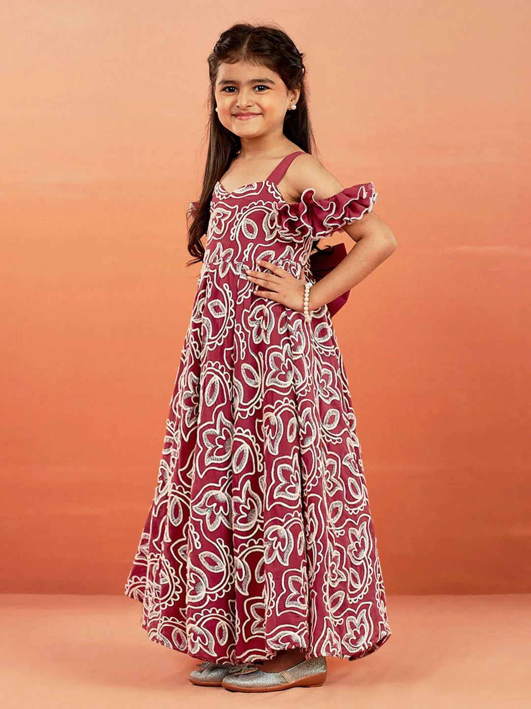 Jashvi Girls' Maroon Georgette Floral Embroidered Gown For Girls.