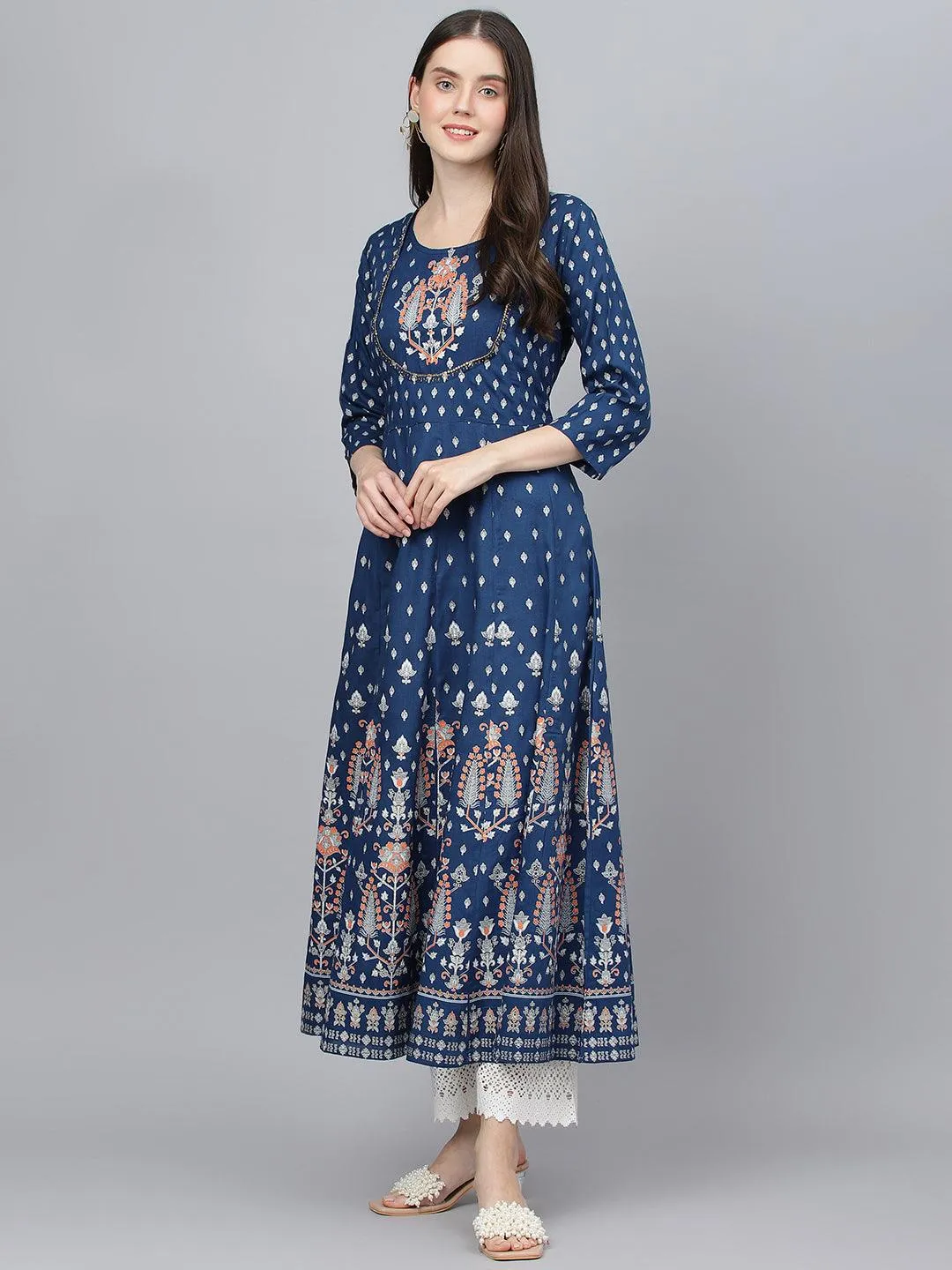 Jashvi Indigo Ethnic Motif Rayon Anarkali Kurta