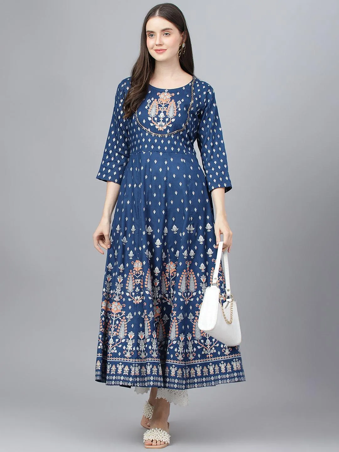 Jashvi Indigo Ethnic Motif Rayon Anarkali Kurta