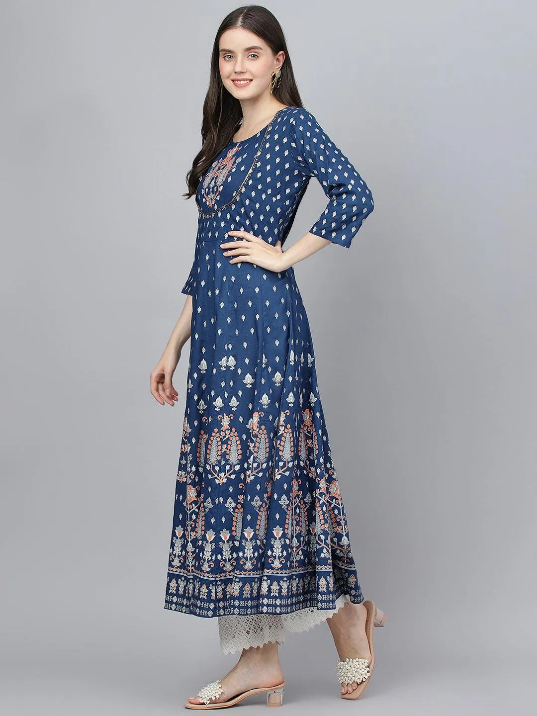 Jashvi Indigo Ethnic Motif Rayon Anarkali Kurta