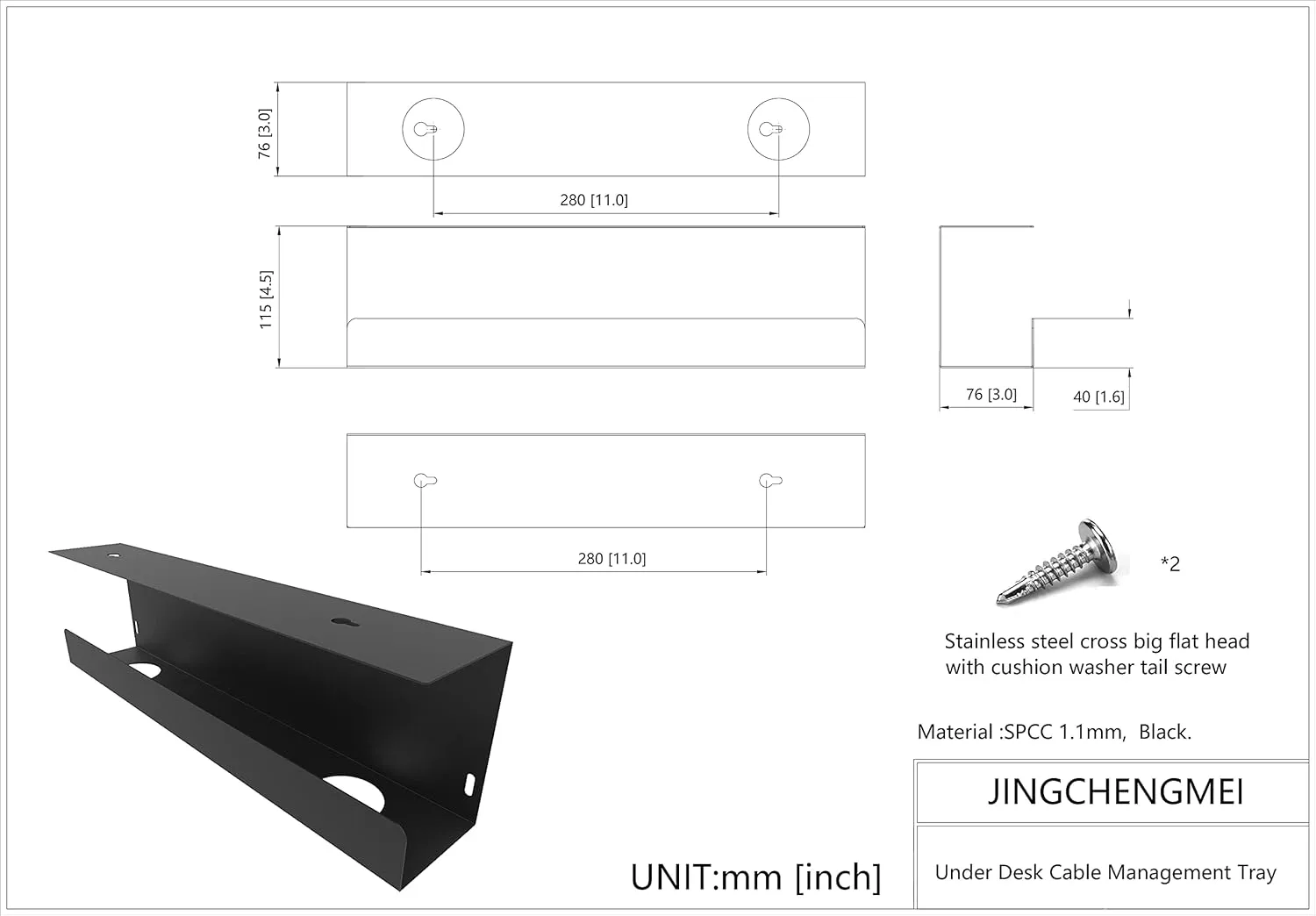 Jingchengmei Under Desk 17 inch Cable Management Tray, Power Strip Holder, Metal Cord Organizer, Wire Management for Office and Home, Black (UDCMT17In, Black)
