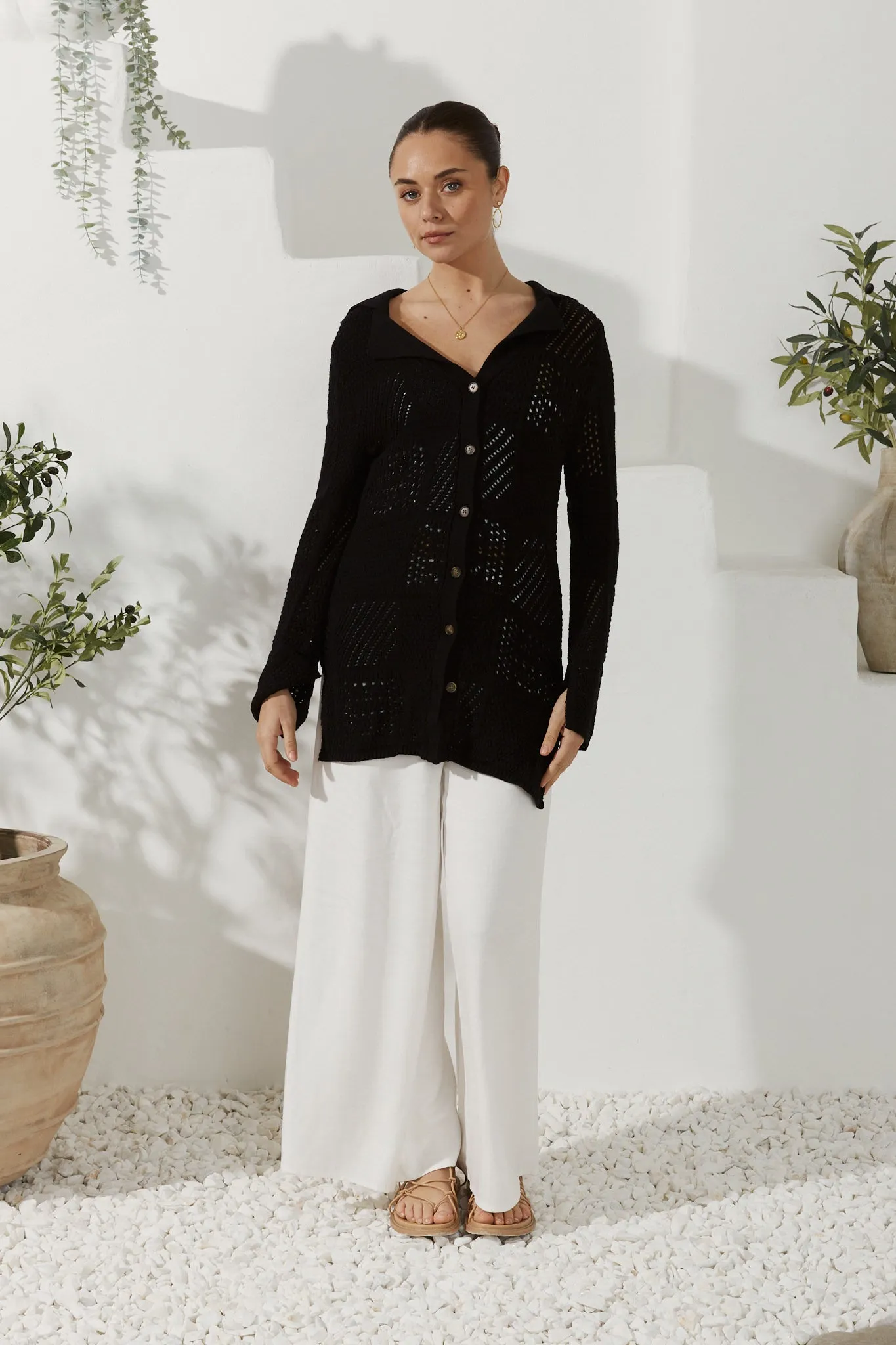 Kaori Black Crochet Knit Cardigan