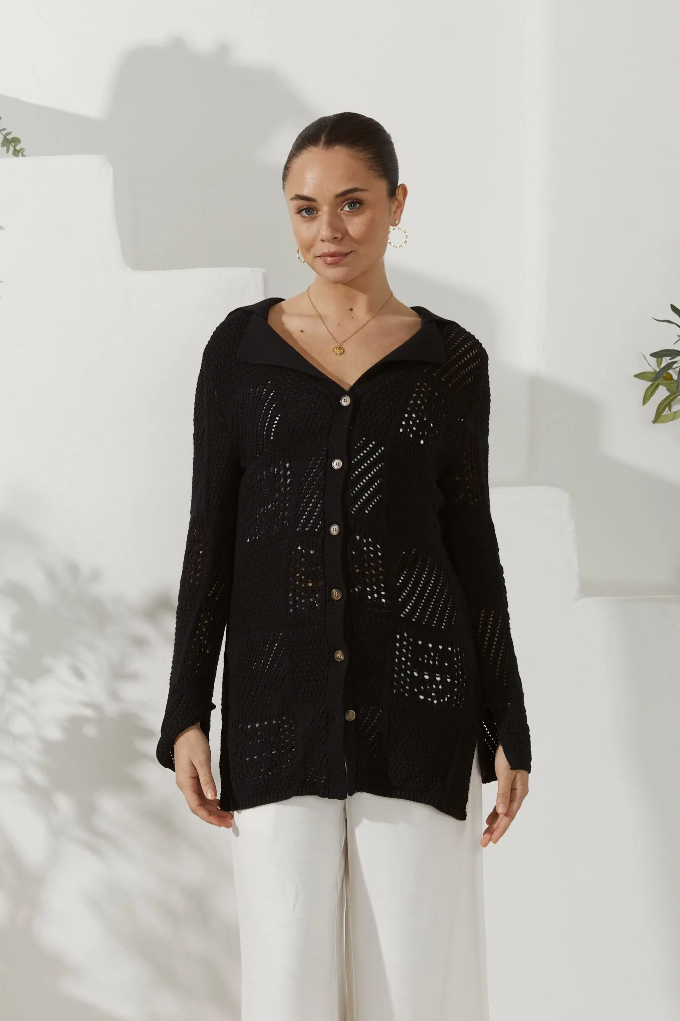 Kaori Black Crochet Knit Cardigan