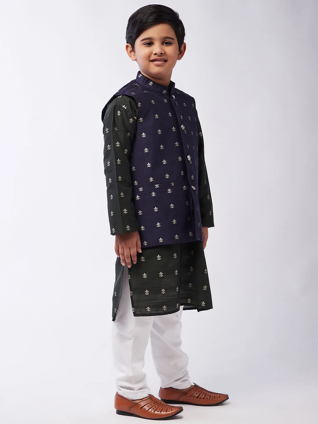 Kid's Cotton Blend Dark Green Kurta & Navy Blue Nehru Jacket With White Churidar Pyjama Set - Sojanya KID