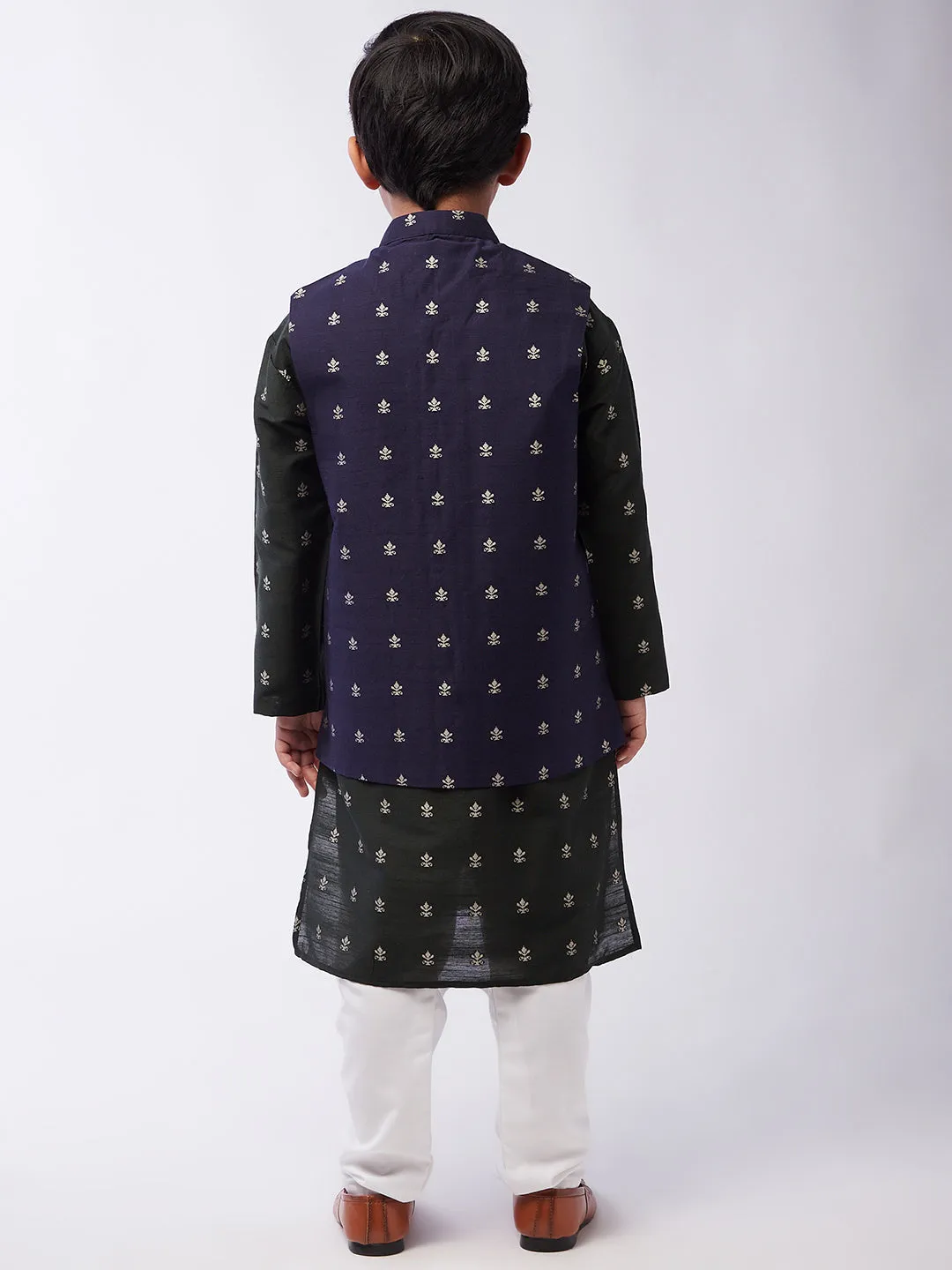 Kid's Cotton Blend Dark Green Kurta & Navy Blue Nehru Jacket With White Churidar Pyjama Set - Sojanya KID
