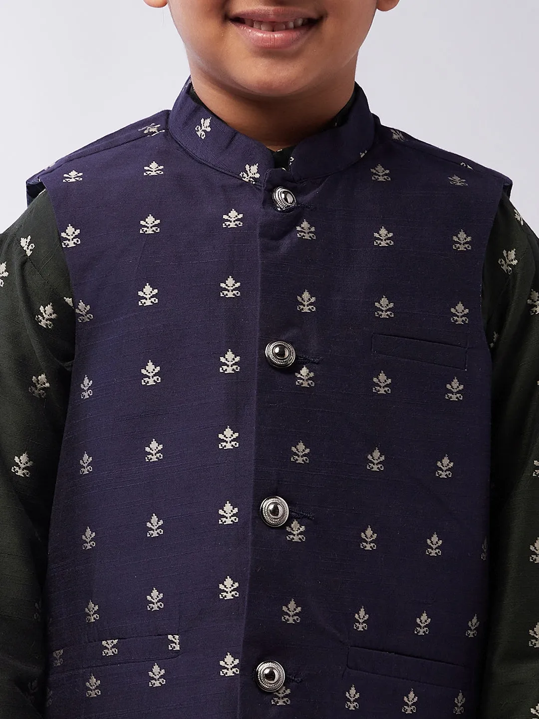 Kid's Cotton Blend Dark Green Kurta & Navy Blue Nehru Jacket With White Churidar Pyjama Set - Sojanya KID