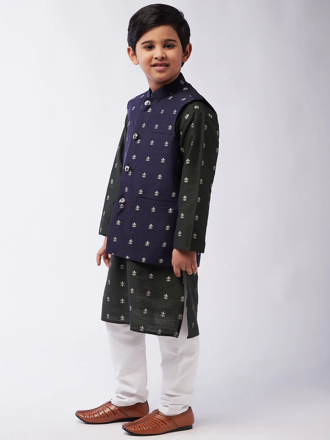 Kid's Cotton Blend Dark Green Kurta & Navy Blue Nehru Jacket With White Churidar Pyjama Set - Sojanya KID