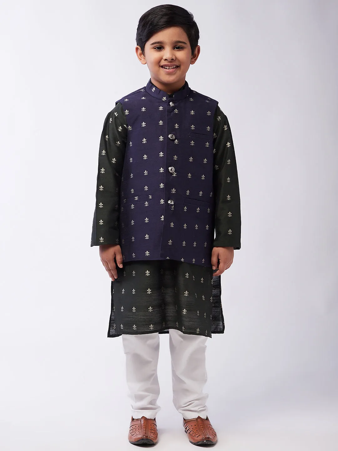 Kid's Cotton Blend Dark Green Kurta & Navy Blue Nehru Jacket With White Churidar Pyjama Set - Sojanya KID