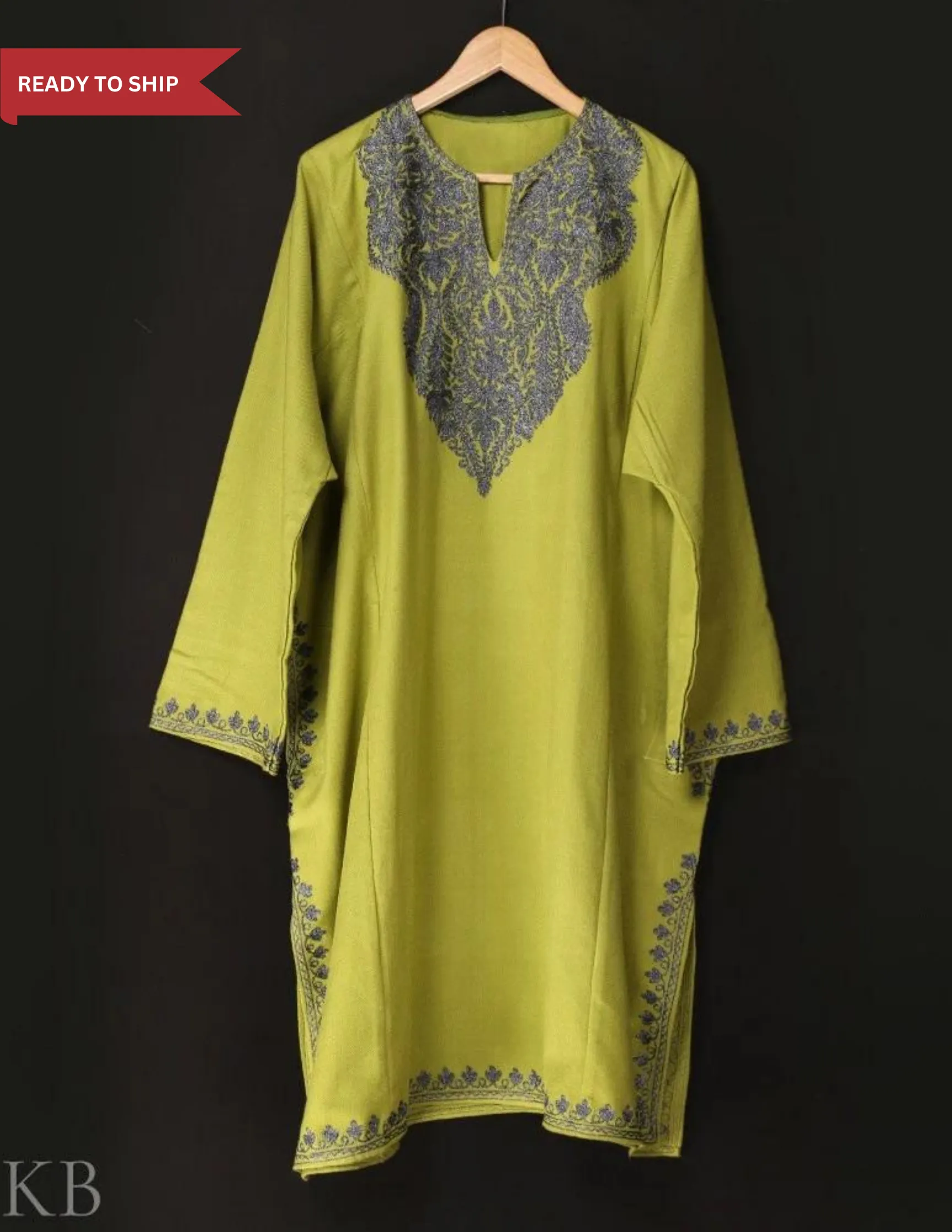 Light Green Zari Embroidered Cashmilon Phiran