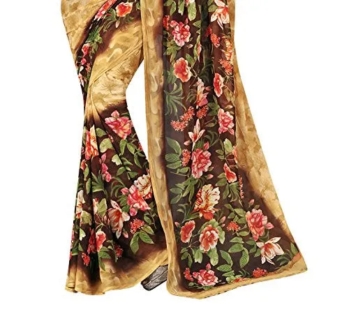 Livie Women's Georgette Sarees Party Wear/Fancy Georgette Sarees/Printed Georgette Sarees - Peanut Brown &amp; Mocha Brown