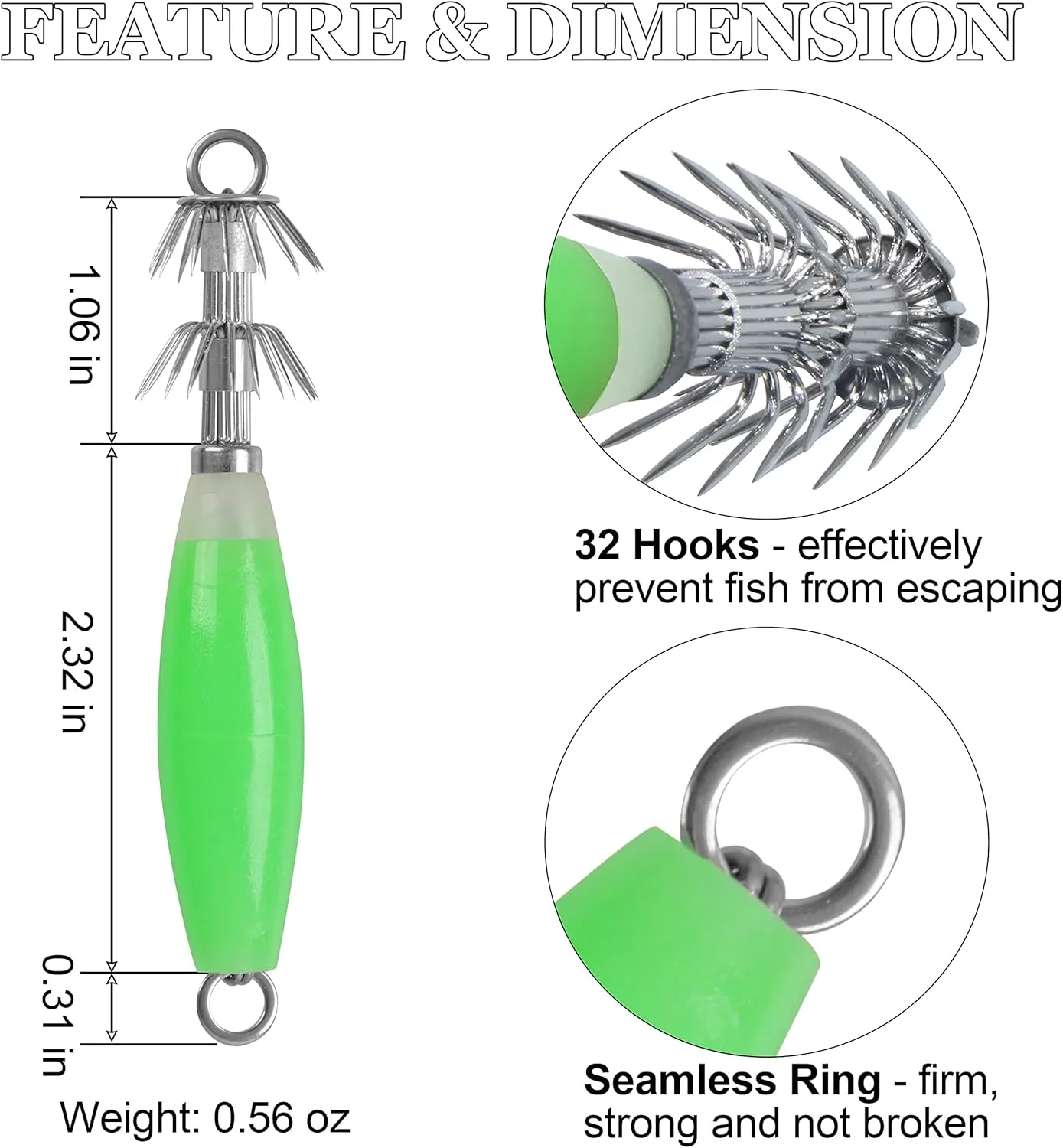 Luminous Squid Jig Hooks Saltwater Glow Squid Jigs Fluoresent Cuttlefish Sleeve Fishing Jigs Squid Hard Night Fishing Bait Octopus Lure Glow in Dark Green Color