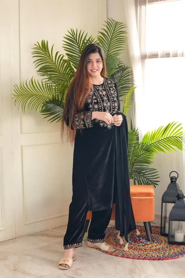 Luxurious Ramzan Special Shanya Pure Velvet Suit Set in Black with Delicate Embroidery