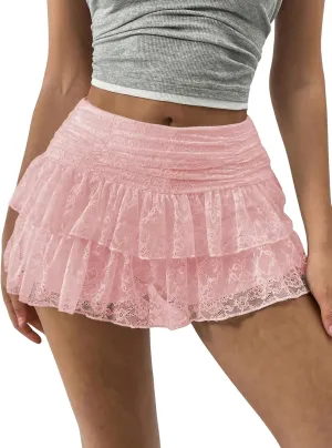 MakeMeChic Women's Lace Mini Skirt with Shorts Leopard Ruffle Skirt Skort