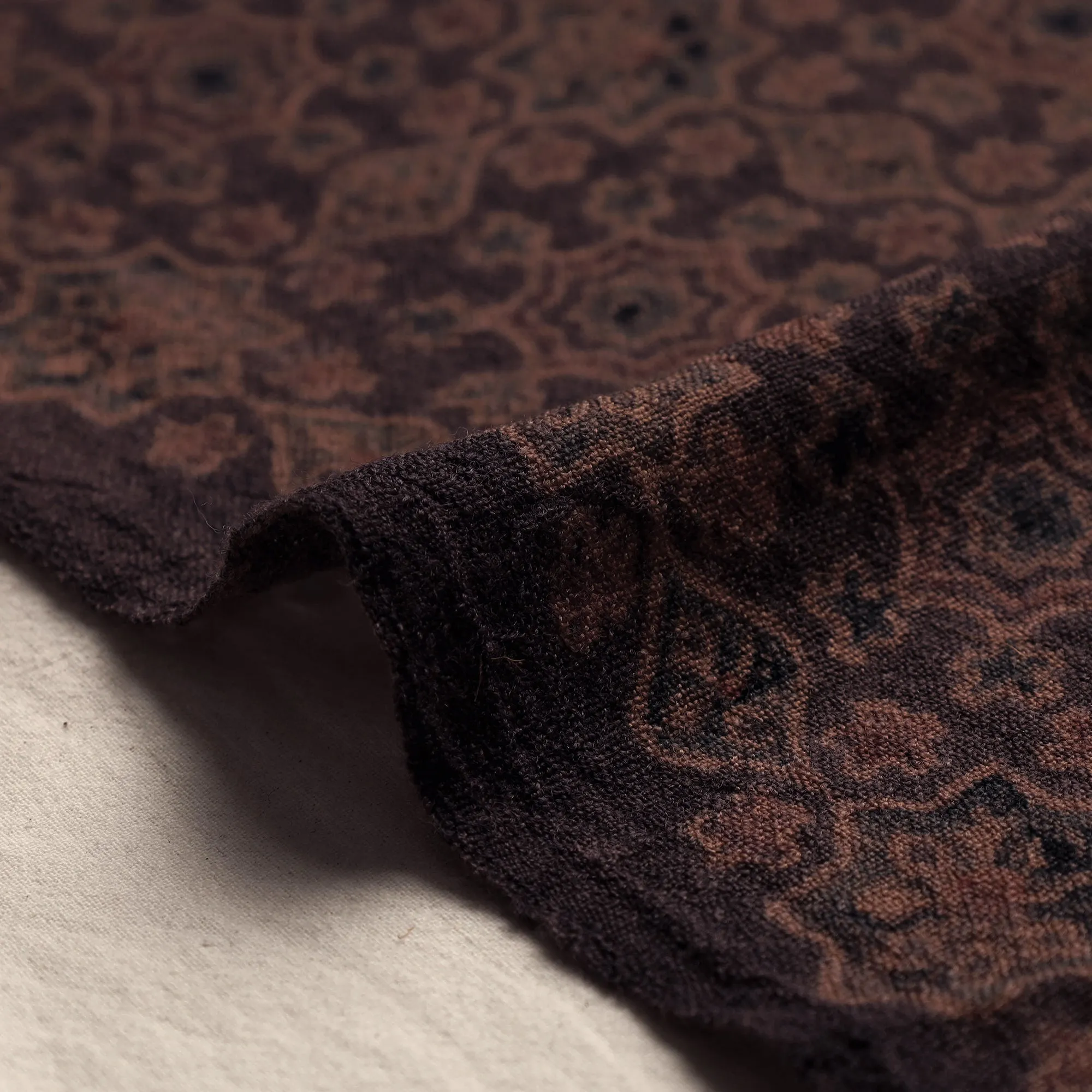Maroon - Faded Brown Pure Wool Handloom Ajrakh Hand Block Printed Fabric