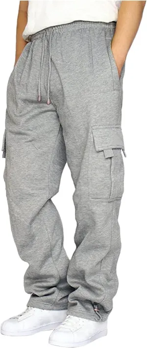 Mens Cargo Sweatpants with Multi Pockets Drawstring Elastic Waist Trousers Loose Casual Solid Color Long Pant