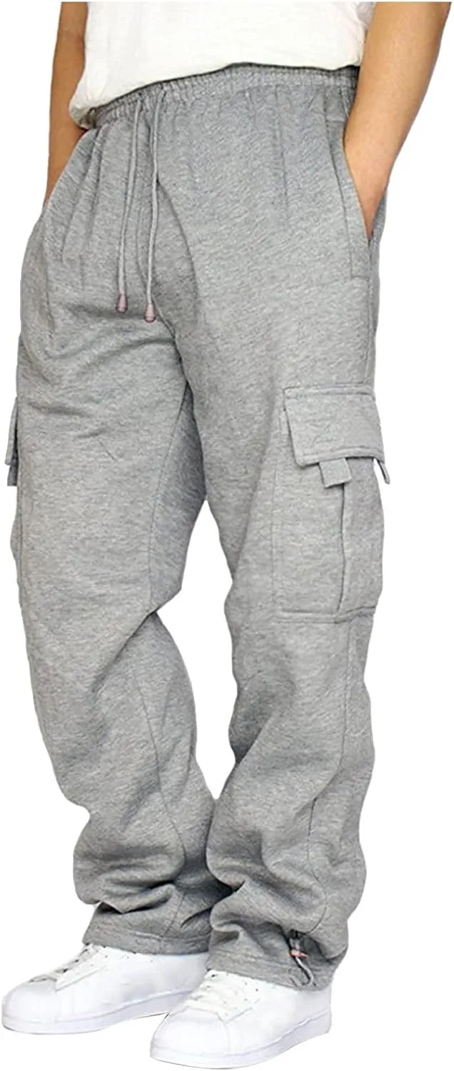 Mens Cargo Sweatpants with Multi Pockets Drawstring Elastic Waist Trousers Loose Casual Solid Color Long Pant