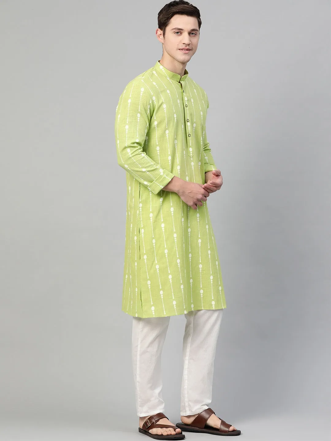 Men's Lime Green & White Printed Straight Kurta With Pyjama - See Designs