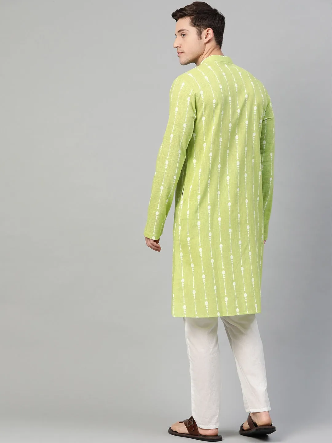 Men's Lime Green & White Printed Straight Kurta With Pyjama - See Designs