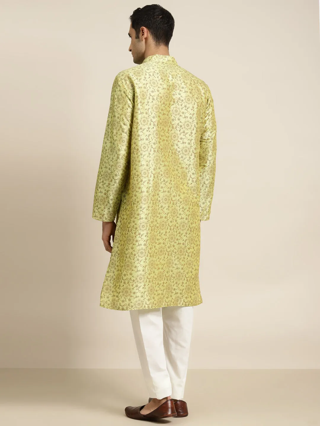 Men's Silk Blend Pista Green Kurta & Off White Churidar Pyjama Set - Sojanya