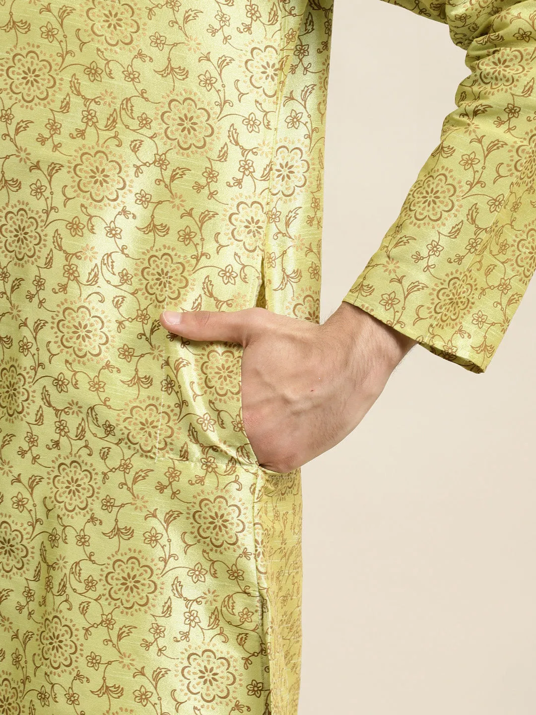 Men's Silk Blend Pista Green Kurta & Off White Churidar Pyjama Set - Sojanya